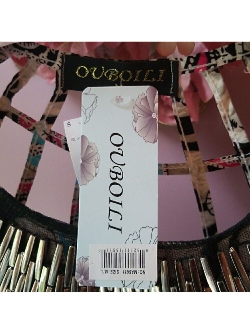 𝅺New Watercolor Paisley Tribal Ladies Blouse By OVBOILI  NWT Beaded Neckline - Picture 7 of 10